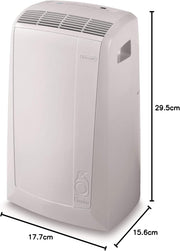 De'Longhi Pinguino PAC EM82, aire acondicionado portátil para habitaciones de hasta 80 m³, 9.400 BTU, 2,4 kW, 63 dB, función de deshumidificación, clase energética A, temporizador 24 h, blanco