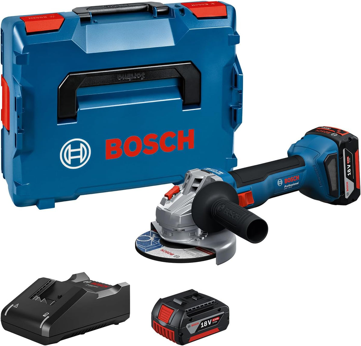 Amoladora angular a batería Bosch Professional 18V System GWS 18V-8 (diámetro de disco 125 mm, incl. 2 baterías GBA 4.0Ah, cargador GAL 18V-40, L-BOXX)