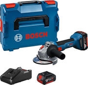 Amoladora angular a batería Bosch Professional 18V System GWS 18V-8 (diámetro de disco 125 mm, incl. 2 baterías GBA 4.0Ah, cargador GAL 18V-40, L-BOXX)