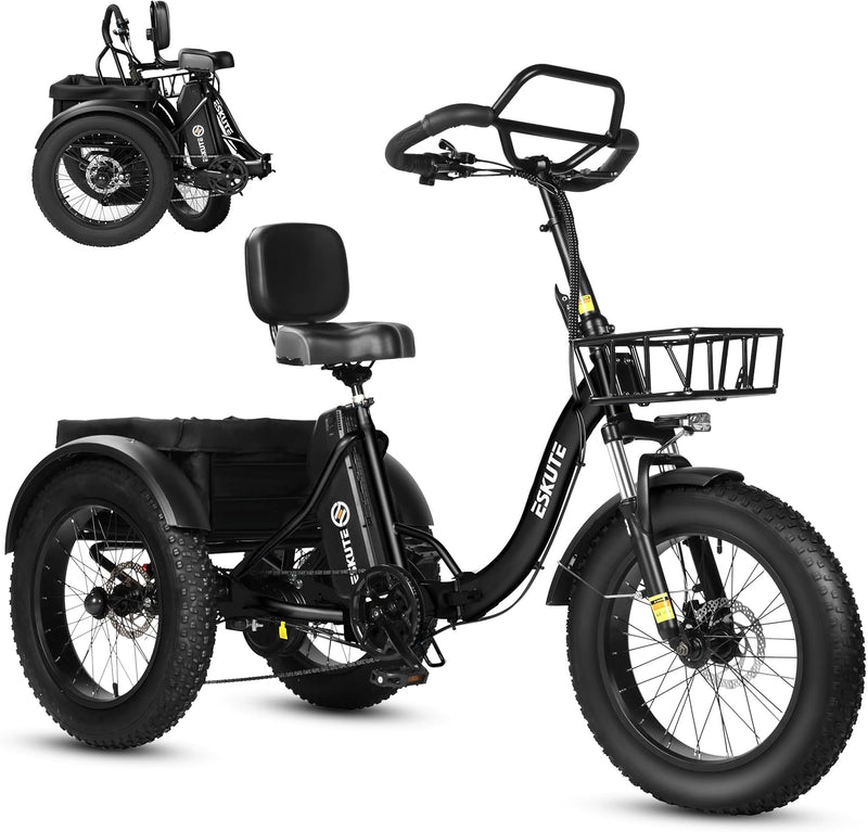 Triciclo eléctrico para adultos ESKUTE T302 Pro, batería de 48V 20,8Ah, triciclo eléctrico plegable con cuadro de acceso bajo, bicicleta eléctrica con neumáticos anchos de 20×4 pulgadas, 7 velocidades, 25 km/h, autonomía de 60–130 km