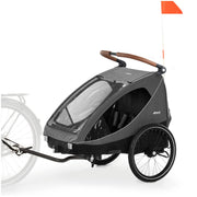 hauck Remolque de bicicleta y cochecito Dryk Duo Plus con suspensión, para 2 niños (6-48 meses), incluye barra de tiro, rueda de cochecito, bandera y luz LED, plegable, altura ajustable, maletero XL (verde oscuro)