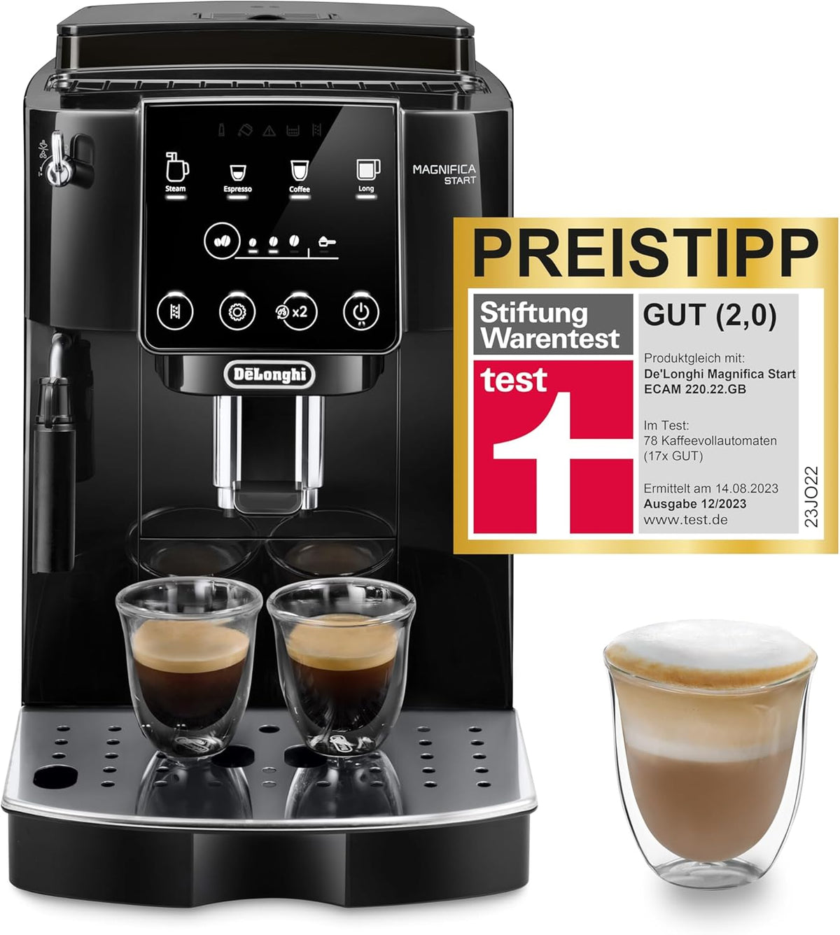 De'Longhi Magnifica Start ECAM222.20.B, cafetera superautomática con boquilla para espuma de leche, para capuchino, con botón de selección directa de espresso y función de 2 espressos, molinillo cónico de 13 niveles, 1450 W, negro