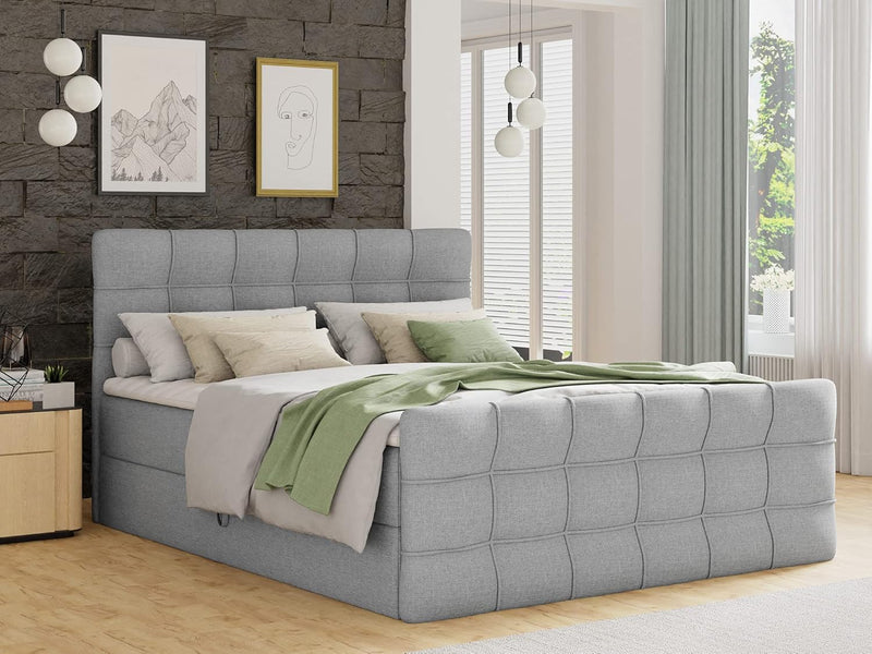 Cama boxspring Sofnet Best Lux con piecera, 2 cajones y sobrecolchón - Cama doble, colchón Bonell, cama tapizada, cama, camas, estructura de cama, dormitorio (Gris (Inari 91), 160 x 200 cm)