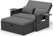 Muebles de salón de ratán para exteriores UDPATIO, muebles de balcón, sofá de jardín con taburete, sofá de ratán con espacio de almacenamiento, cama de jardín ajustable de 2 plazas para terraza, balcón, jardín, gris jaspeado y fundas gris oscuro