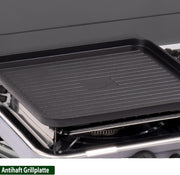 BRUNNER: Hornillo de camping de mesa 2 en 1 de 2 fuegos de acero inoxidable, barbacoa de gas y cocina de gas - POWERKOOK 50mbar con 1 cacerola + 1 plancha - con regulador de gas y manguera de gas