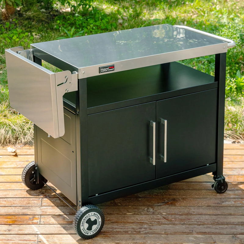 Carrito para barbacoa con mesa lateral plegable, armario inferior, superficie de trabajo de acero inoxidable, soporte para toallas, ruedas, plateado