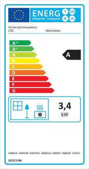 UNIVERSAL - Estufa de gas 3.4 kW negra efecto estufa de leña Manhattan Calefacción auxiliar + Manguera de gas + Regulador de butano