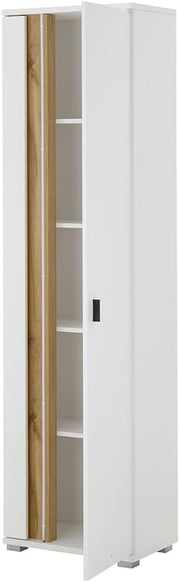 Set de muebles de salón Lomadox de 4 piezas, color blanco y roble, estilo moderno: 1 vitrina, 1 armario alto, 1 mueble bajo, 1 estante de pared, incl. iluminación LED