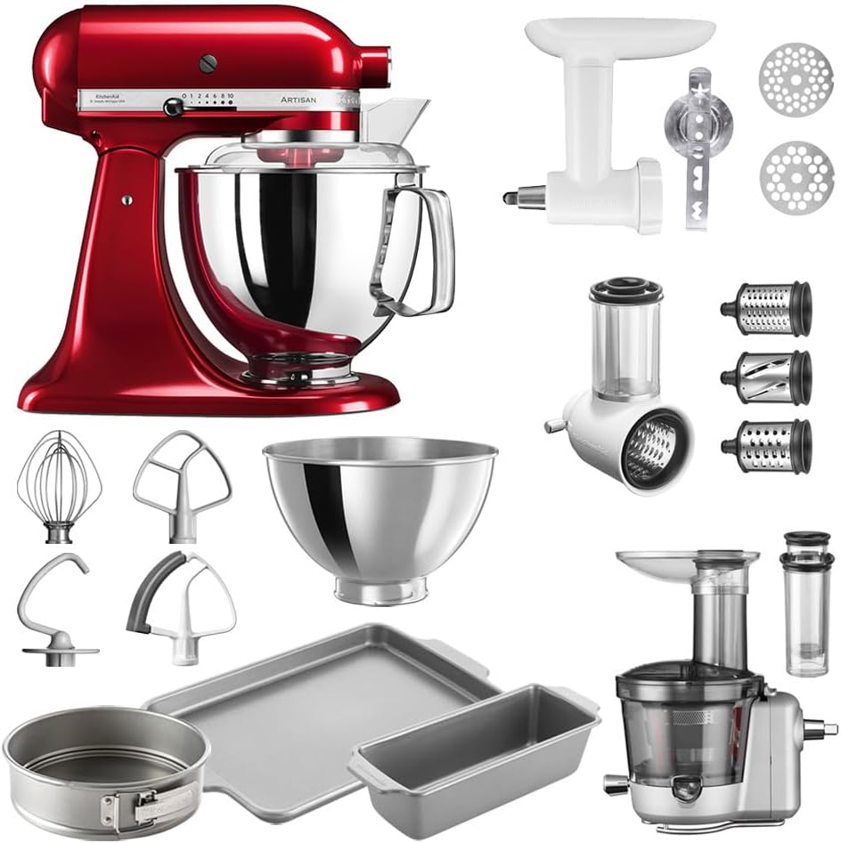 Robot de cocina KitchenAid Artisan, 4,8 litros, incluye accesorios, picadora de carne, cortador de verduras, accesorio para zumos, kit de repostería con 2 moldes y 1 bandeja para horno, mega set de invierno