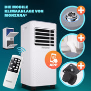 Aire acondicionado portátil Monzana® MZKA2000, manguera de escape, 7000 BTU, 3 en 1, 750 W, temporizador 24 h, 25 m², mando a distancia, deshumidificador, kit de sellado para ventanas, climatizador