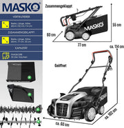 MASKO® Elektro 2in1 Vertikutierer Rasenlüfter 1800W 40cm Arbeitsbreite 55L Fangkorb mit Lüfterwalze Lüfter Moosentferner, 20 Stahlmesser, 5-stufige Arbeitstiefe einstellbar höhenverstellbarer Holm