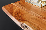 Mesa de bar de madera maciza Riess Ambiente Mammut 120 cm, acacia natural con borde vivo, metal negro con reposapiés, mesa de cocina, mostrador de cocina, mesa alta rectangular