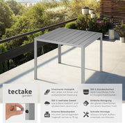 tectake® Mesa de jardín, mesa de comedor para exterior, mesa de balcón con aspecto de madera, mesa de terraza con marco de aluminio, muebles de jardín resistentes a la intemperie, 90x90x74,5 cm, mesa para jardín, salón, conjunto de asientos - Plata