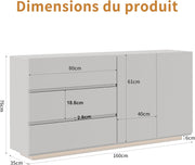 Cómoda blanca de alto brillo con iluminación LED, aparador blanco de alto brillo de 160 cm con 2 puertas y 3 cajones, alacena de cocina, mueble buffet moderno para dormitorio, comedor, oficinas y recibidor
