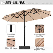 Sombrilla de mercado para exteriores rectangular de 15 pies, de doble cara, con manivela, luces LED solares y base incluida