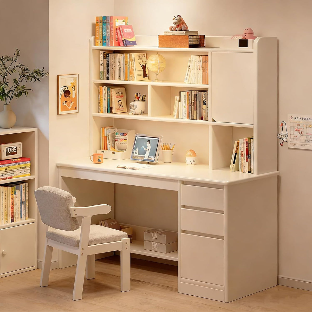 Escritorio para computadora portátil con estante, escritorio grande para oficina en casa, estación de trabajo con gabinete, mesa de estudio moderna con estante de almacenamiento (Tamaño: 120x45x165cm, Color: Blanco)