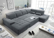 Sofá rinconera en forma de U Stella Trading WAYNE, tapicería de tela color antracita - Sofá extensible con función de cama y arcón - 340 x 81 (104) x 188 (240) cm (ancho/alto/fondo)