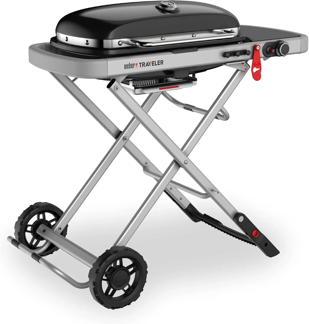 Barbacoa de gas portátil Traveler con soporte plegable y ruedas, quemador de 3,8 kW, superficie de cocción de 2065 cm² y termómetro en la tapa