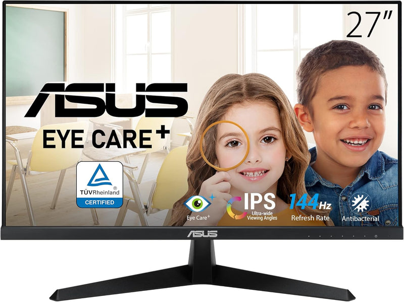 ASUS VY279HGE – Monitor gaming Eye Care 27" Full HD (1920 x 1080), IPS, 144Hz, SmoothMotion, 1ms (MPRT), FreeSync Premium, filtro de luz azul, antiparpadeo, tratamiento antibacteriano
