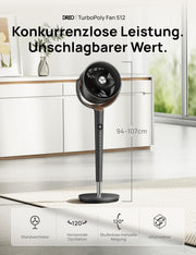 Ventilador de pie DREO muy silencioso, ventilador grande con mando a distancia, ventilador silencioso de 20 dB con motor CC, oscilación de 120°, 4 modos, altura ajustable de 94-107 cm, ventilador de suelo, TurboPoly Fan 512, gris