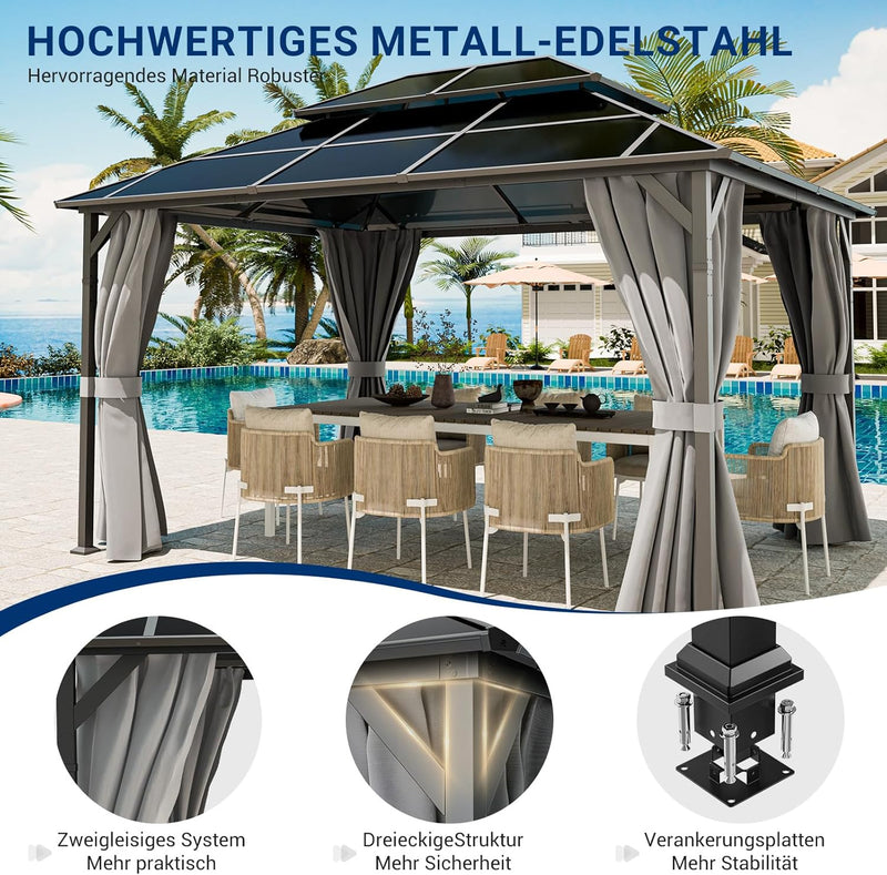 UDPATIO Gazebo de 3x4 m de policarbonato con doble techo y cortinas, aleaciones resistentes a la intemperie - Cenador de jardín impermeable, estable, resistente al invierno, con protección UV, postes de 6x6 cm de grosor para jardín, terraza, gris