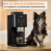 Cafetera automática Krups Coffee Crush  Extra, molinillo de acero inoxidable para café recién molido, solo 15 cm de ancho, panel de control inteligente, también para café premolido, limpieza fácil, negro, SA4028E0