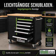 TRUTZHOLM Carro de herramientas vacío Deluxe, carro de taller con 6 cajones y compartimento con puerta, armario de herramientas con cerradura y ruedas con encimera de madera maciza, banco de trabajo móvil 108 x 46,5 x 77 cm, verde/negro