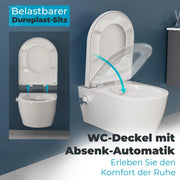 Inodoro con bidet suspendido SSWW sin reborde, 52 cm, boquilla de acero inoxidable, asiento de duroplast con cierre suave, revestimiento nano, agua fría y caliente