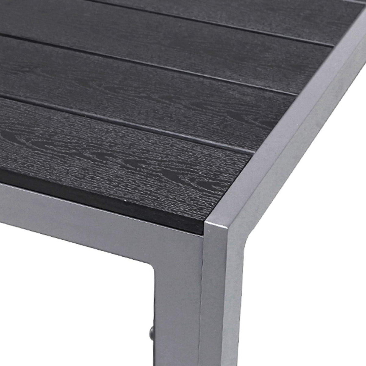 Hermosa mesa de jardín de aluminio, mesa de comedor Non-Wood, muebles de jardín, mesa plata/negro, imitación madera, resistente a la intemperie, 150x90x74cm