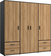 Armario FORTE Jupiter 200 210, armario ropero, armario de puertas batientes, 4 puertas, con 4 cajones y estantes, negro con decoración de madera: roble Catania, 206 cm de ancho x 53 cm de profundidad x 200 cm de alto