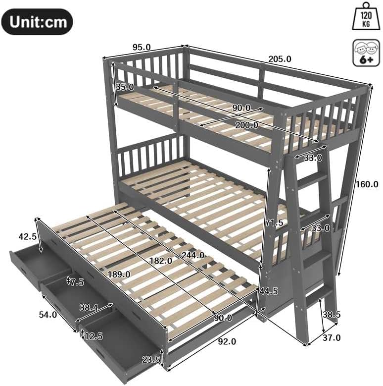 Ymkua Cama litera para niños 90x200 cm con almacenamiento, cama alta con escalera y cama nido, cama juvenil estructura con 3 cajones, cama de madera con protección anticaídas y somier, sin colchón (Gris)