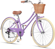 Glerc Missy 20, 24, 26 pulgadas bicicleta híbrida urbana tipo crucero para niñas, de 6 velocidades, con cesta de mimbre, para jóvenes mayores de 6 años, varios colores