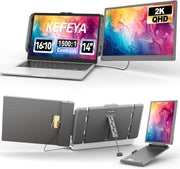 KEFEYA 2K QHD Monitor portátil para computadora de 14", extensor de pantalla con altavoces y soporte, pantalla doble Plug & Play para computadora portátil de 13-16,5", compatible con Mac, Windows, Android y Dex