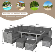 Conjunto de muebles de comedor para patio de 7 piezas de ratán con sofá seccional, mesa de comedor, otomanas y cojines