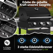 Barbacoa de gas con carro Louisiana, 3 quemadores, 8,1 kW, con tapa, termómetro, rejilla para mantener caliente, parrilla y funda protectora
