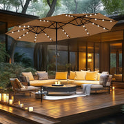 Sombrilla de mercado para exteriores de doble cara MAISON ARTS de 15 pies, rectangular, con manivela, luces LED solares y base incluida