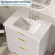 Conjunto de tocador de baño moderno estriado con lavabo de cerámica integrado, mueble de baño independiente con 3 cajones para baño contemporáneo