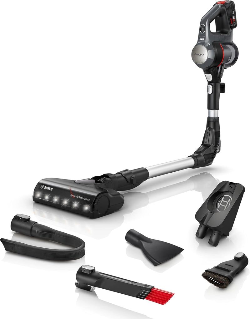 Aspiradora escoba sin cable Bosch Unlimited 7 BCS711A, aspiradora de mano inalámbrica, sin bolsa, batería intercambiable, tubo flexible, filtro higiénico, 10 años de garantía en el motor, boquilla para juntas, iluminación LED, modo turbo, gris