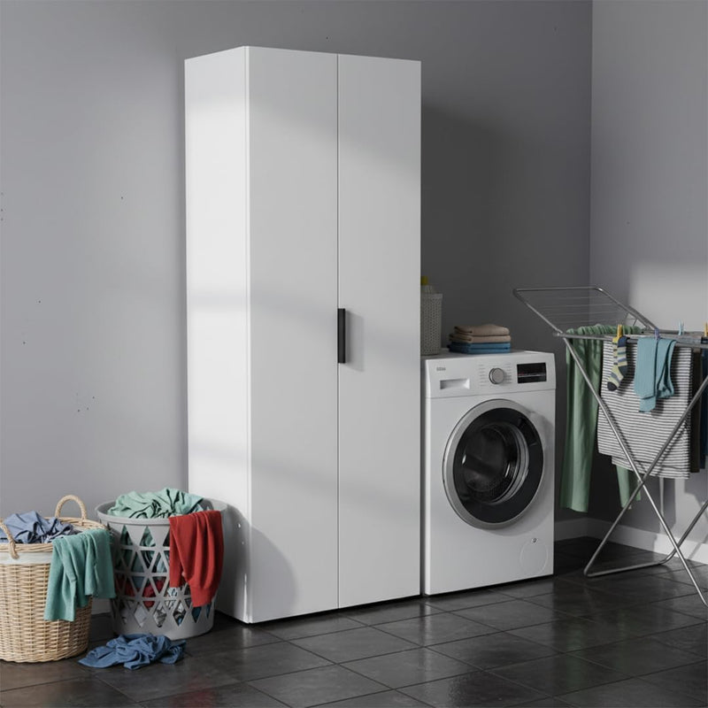 Armario multiusos Bellamio Lurio – armario escobero de madera blanco con tirador negro – armario de pasillo con 5 compartimentos incl. espacio para aspiradora – armario para el hogar – armario despensero – armario de limpieza 176 x 33 x 60 cm