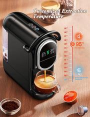 Cafetera automática Cafelffe, cafetera de cápsulas 4 en 1 con temperatura ajustable y 7 tiempos de preparación preestablecidos, máquina de espresso de 19 bares para NES/DG/ESE/café molido, negro