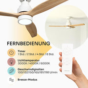 Mellerware - Ventilador de techo con mando a distancia Brizy Bright | 45 W | 6 velocidades | Ultrasilencioso | 3 aspas 132 cm de diámetro | Función verano-invierno | Temporizador | LED | Madera clara
