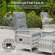 Set de muebles de jardín de ratán de 5 piezas, conjunto de conversación para patio con 2 sillas, 2 taburetes y 1 mesa, respaldos ajustables y cojines suaves, para terrazas, jardines y patios, gris