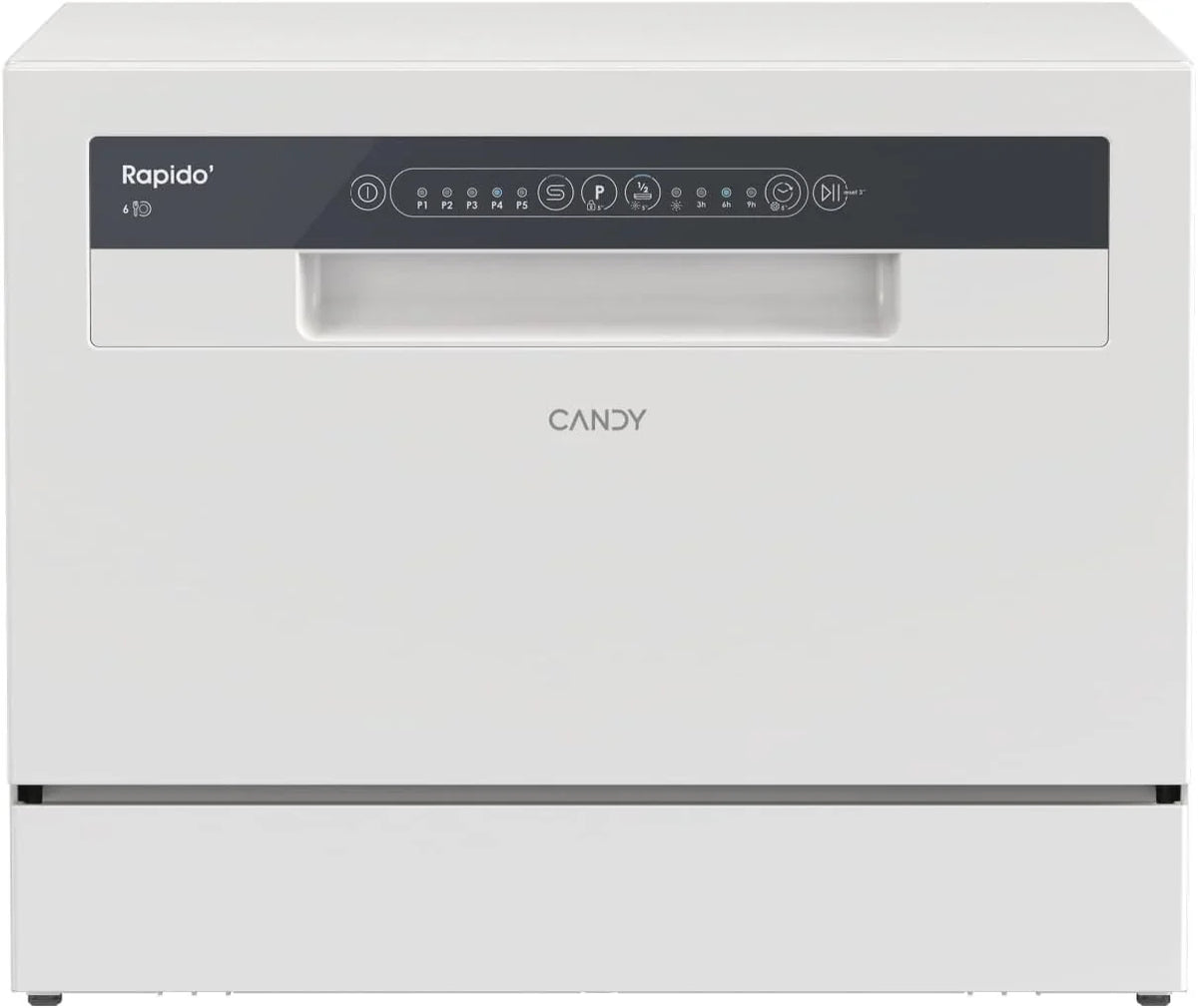 Candy CP 6E51LW Lavavajillas pequeño y compacto, 6 servicios, digital, 51 dBA, 5 ciclos, media carga, inicio diferido 3-6-9 horas, indicador de sal y abrillantador, indicador de fin de ciclo, blanco