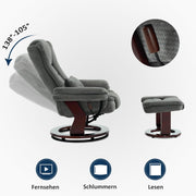 MCombo Sillón relax reclinable, sillón de lectura, sillón giratorio 360° con taburete, cojín y bolsillo lateral, sillón de TV para salón con capacidad de carga de hasta 120 kg, 9099 (tela gris)