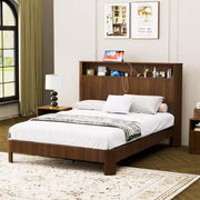 Estructura de cama ModernLuxe tamaño Queen/Full XL con cabecera de almacenamiento, estación de carga integrada, diseño ondulado, soporte silencioso
