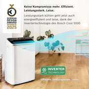 Acondicionador de aire móvil Bosch Cool 4000 - 3 en 1: aire acondicionado, deshumidificador, ventilador - 2,6 kW para habitaciones de hasta 35 m² - Con modo automático, modo silencioso y modo de suspensión
