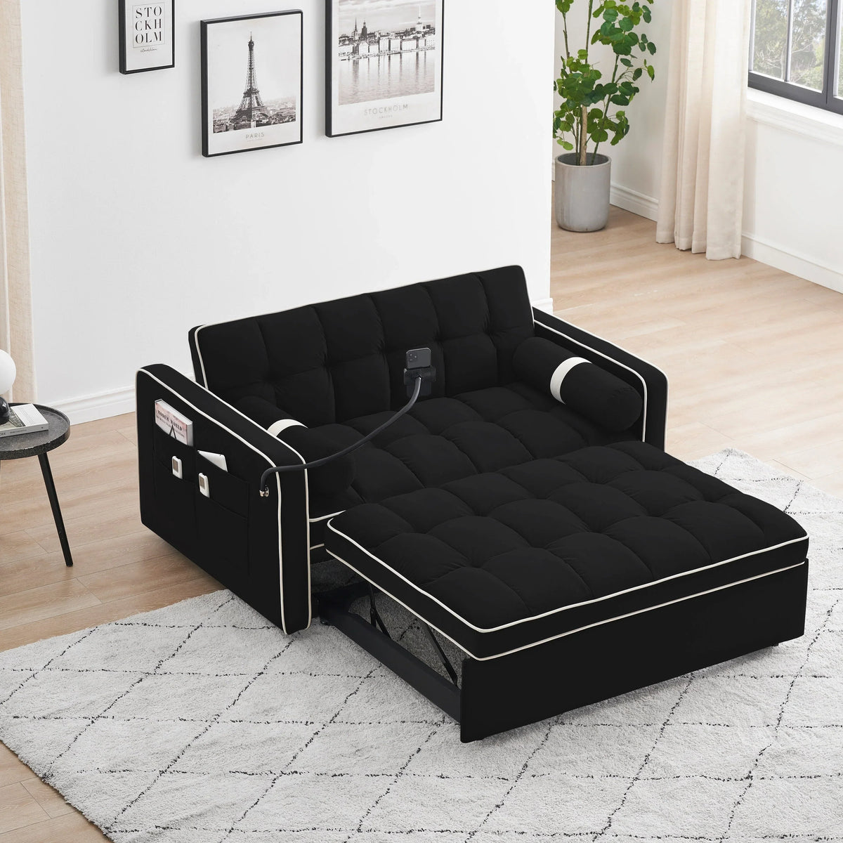 Sofá cama de 2 plazas de terciopelo de 55" con cama extraíble, respaldo ajustable, bolsillos laterales y soporte para teléfono