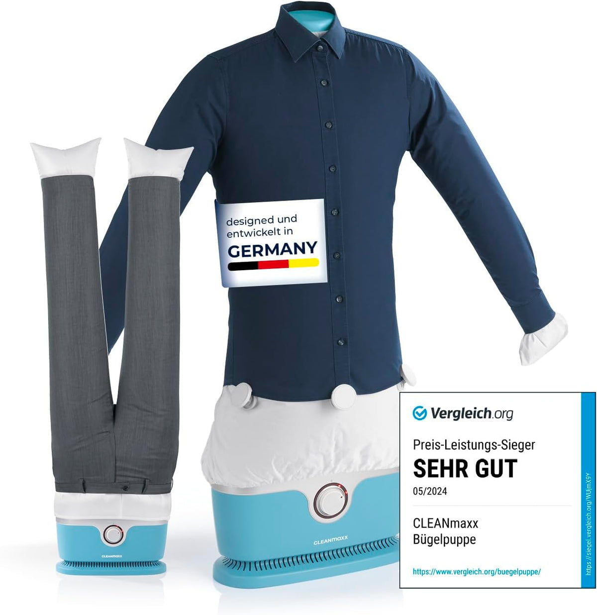 Plancha de camisas automática CLEANmaxx con accesorio para pantalones | Plancha para camisas, blusas y pantalones, más delicada que la secadora y la plancha | Secado y sin arrugas en minutos [azul claro]