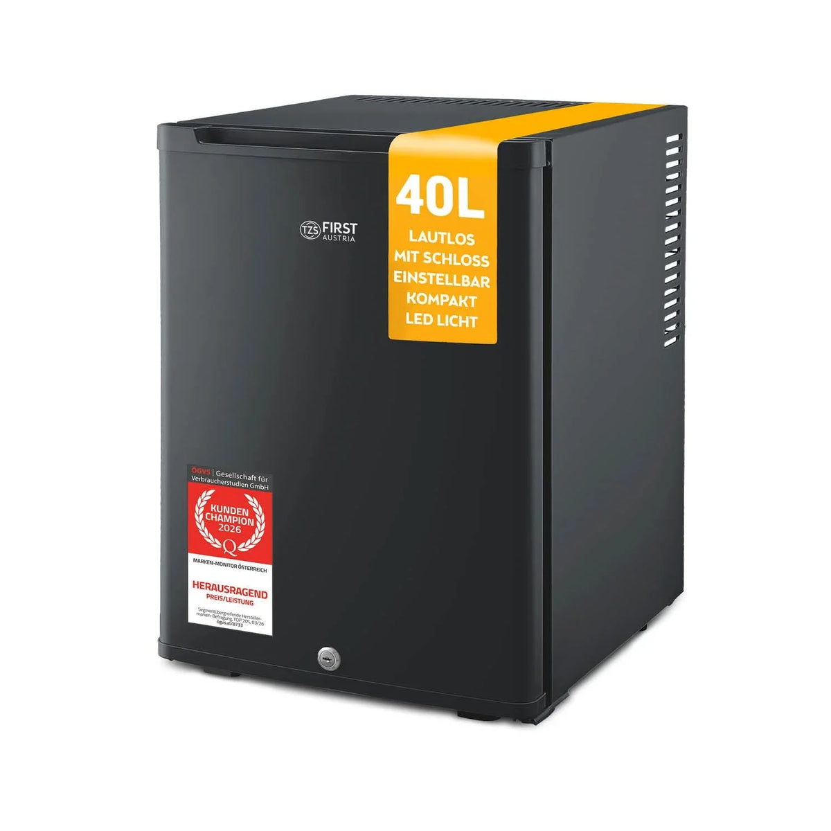 Mininevera TZS First Austria 40L silenciosa, con cerradura, luz interior, puerta reversible, minibar para camping, hotel, clase energética E