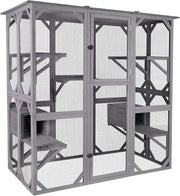 Casa para gatos, recinto exterior para gatos (catio), jaula de madera para gatos, condominio con puerta de entrada extra grande, parque interior con plataformas y casita.